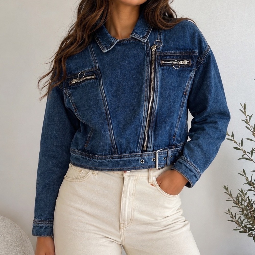 L&M Jeans Moto Denim Jacket Medium Wash Asymmetric Zip Belted Cropped Biker dd